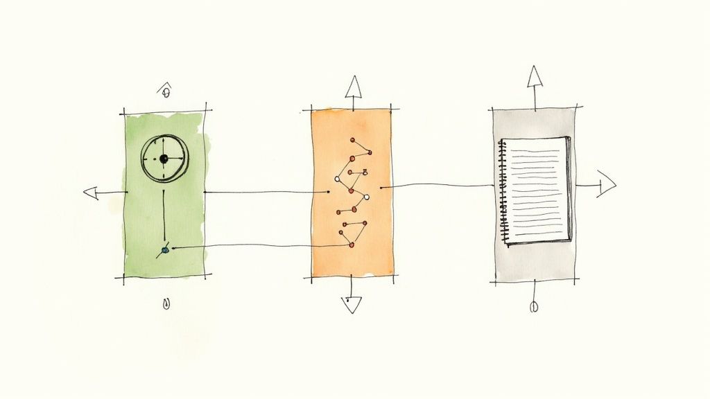 Three glowing pillars representing metrics, traces, and logs, supporting a digital representation of a web application.