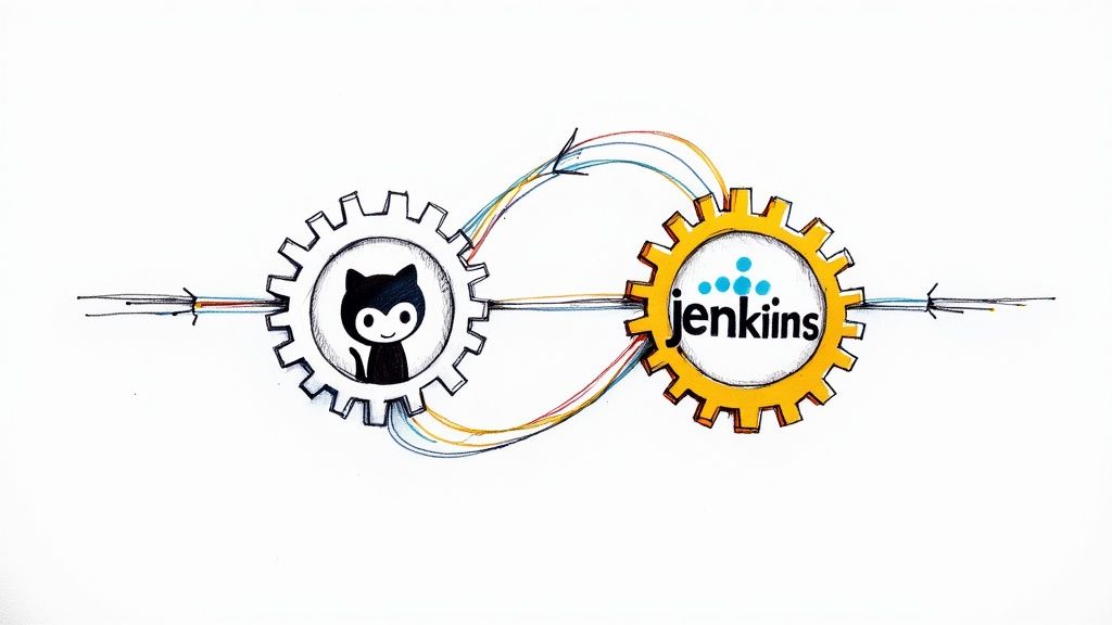 A visual representation of the GitHub and Jenkins logos connected by gears, symbolizing integration.