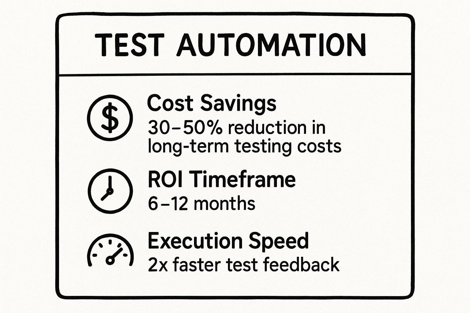 Infographic summarizing key metrics for test automation, showing a 30-50% reduction in long-term costs, a 6-12 month ROI timeframe, and 2x faster test feedback.