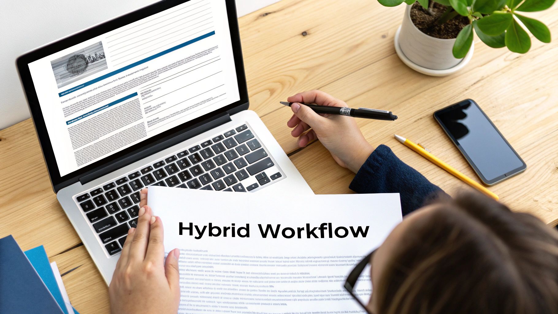 Person reviewing a document titled 'Hybrid Workflow' with a laptop and smartphone on a wooden desk.