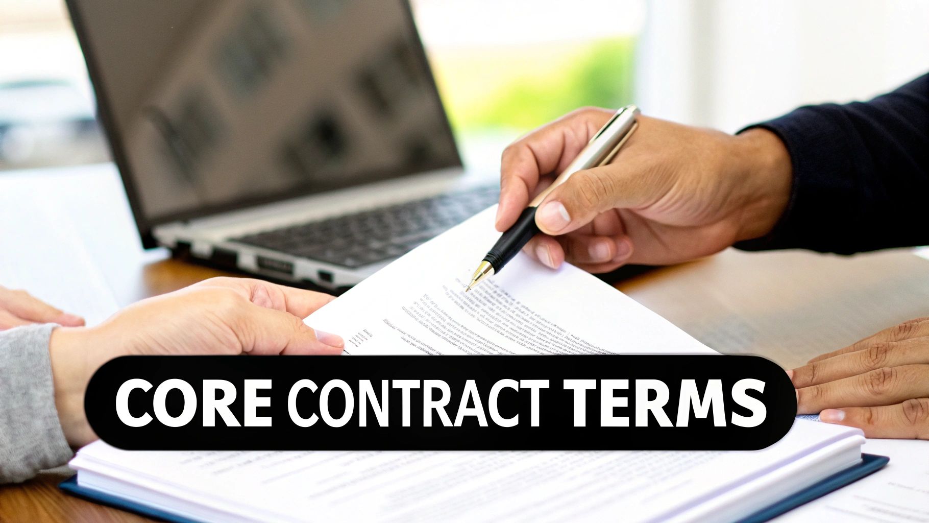 Close-up of hands signing a contract document with a pen, discussing core terms.