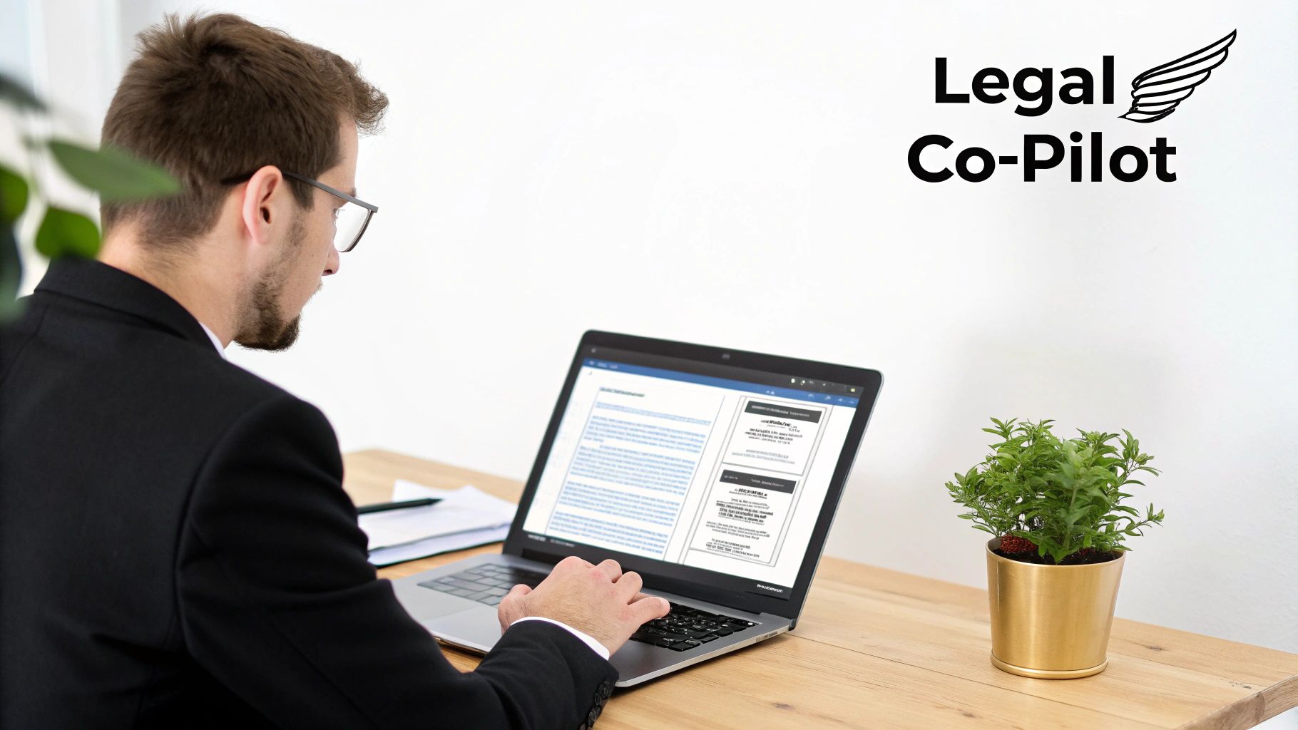 Man in a suit working on a laptop displaying legal documents, with 'Legal Co-Pilot' logo.