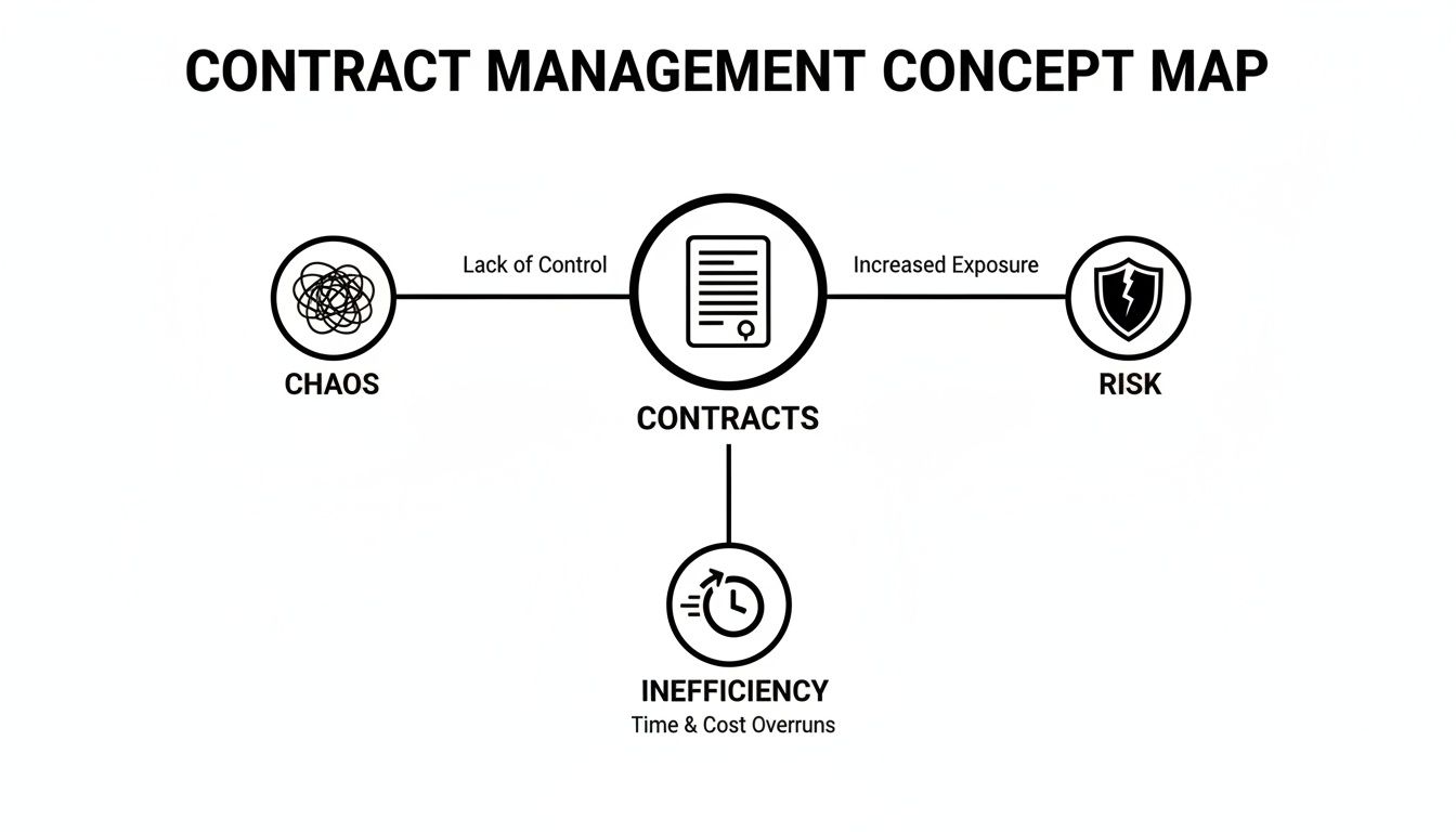 A concept map showing how unmanaged contracts lead to chaos, risk, and inefficiency.