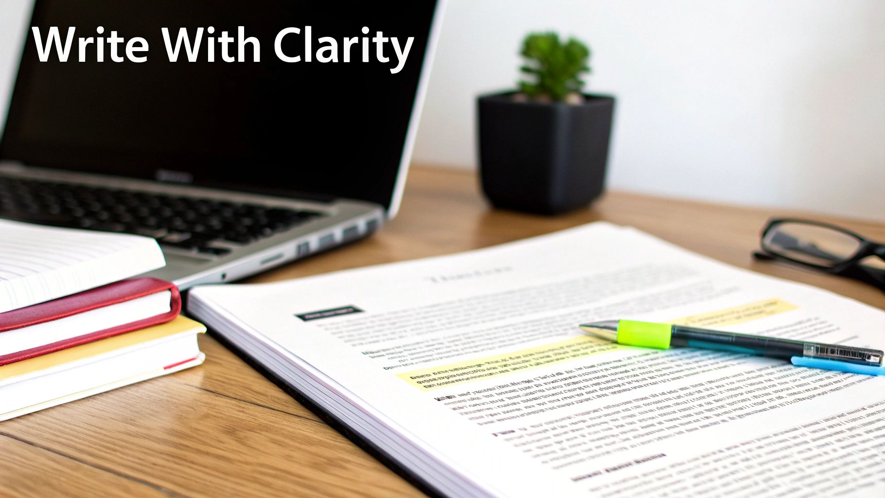 A focused desk scene with a laptop, notebooks, highlighted document, pen, glasses, and plant.