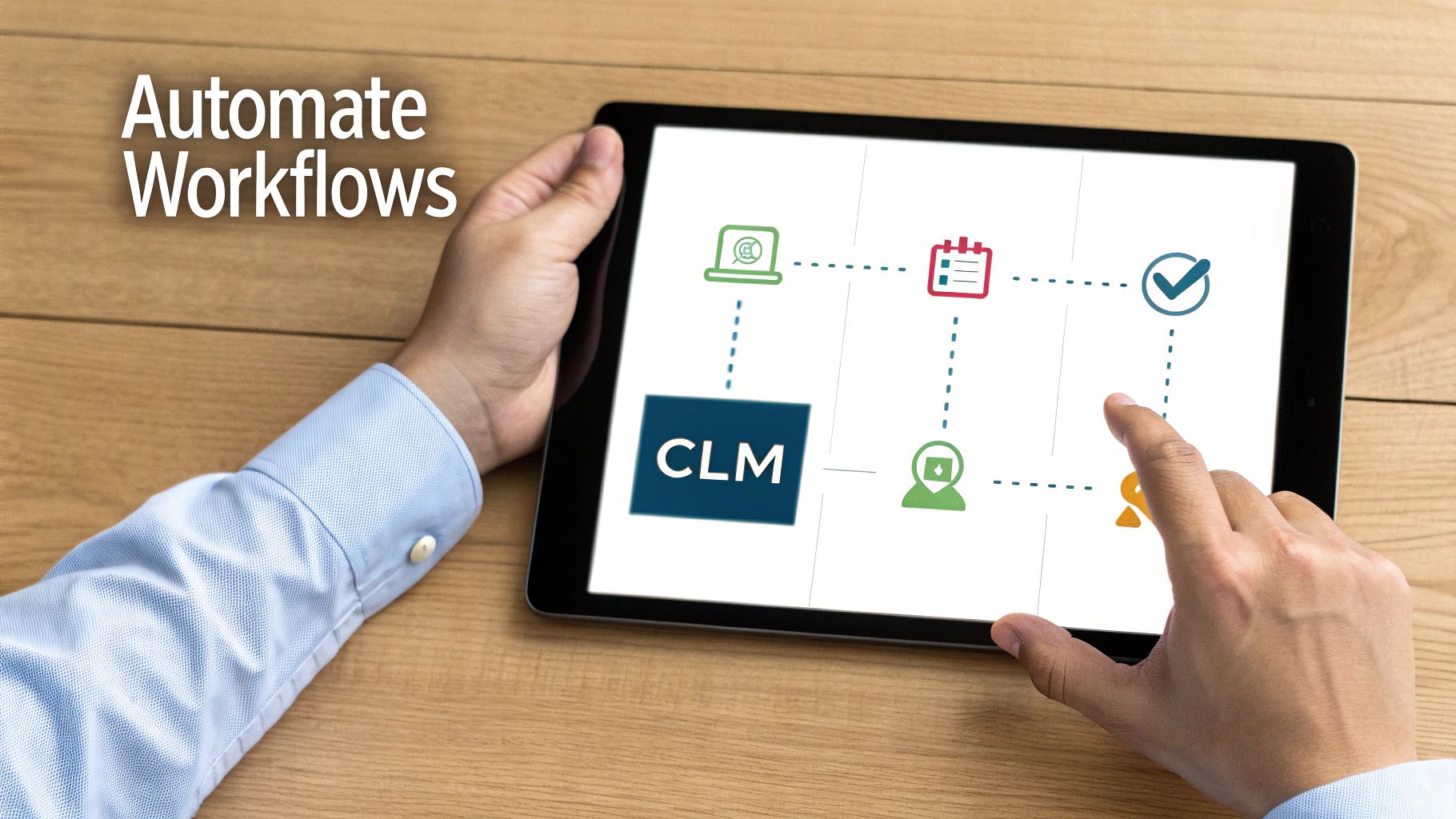 Hands hold a tablet displaying a CLM workflow diagram, illustrating automated business processes.