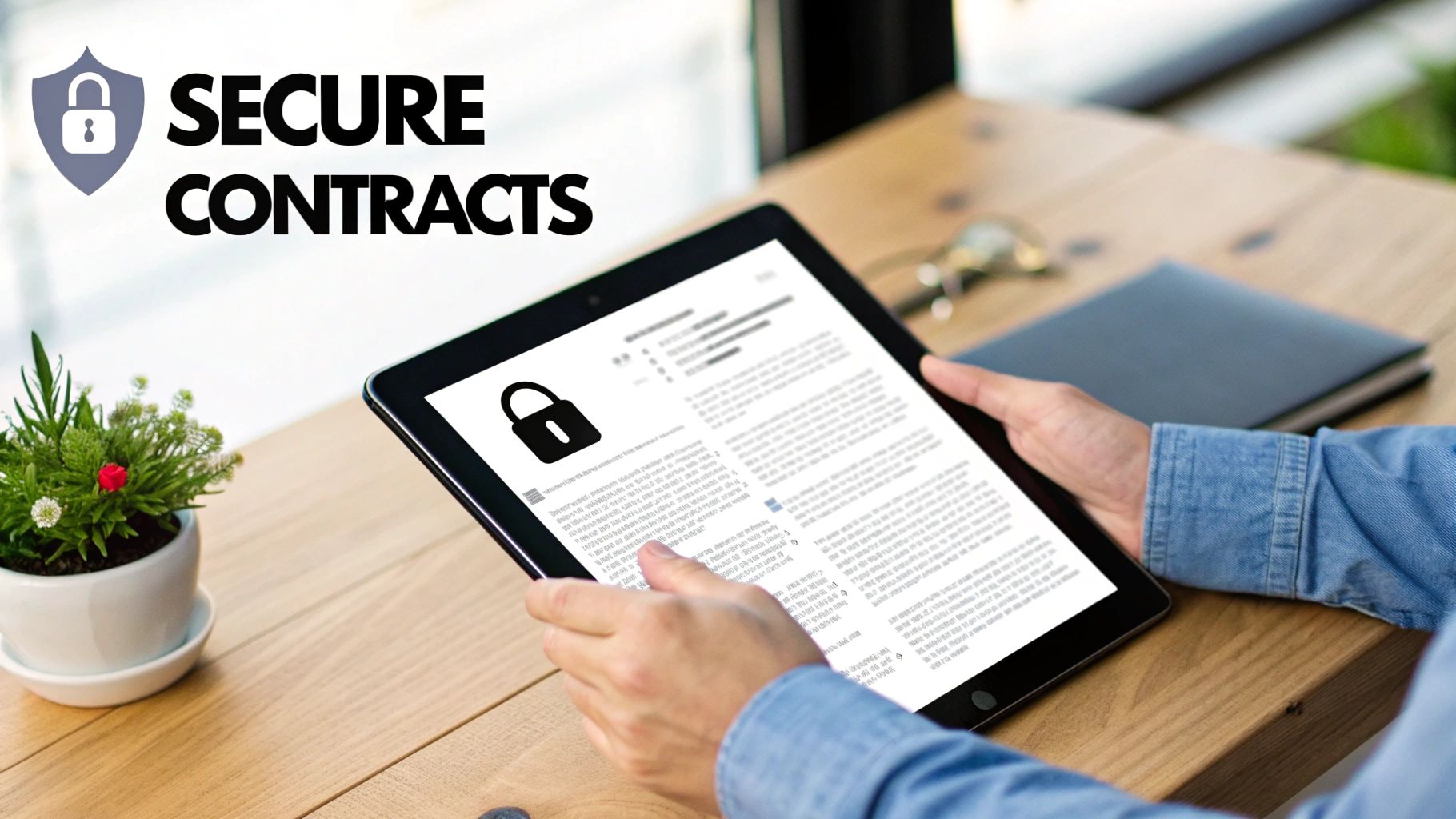 A person holds a tablet displaying a digital contract with a padlock icon, symbolizing secure agreements.