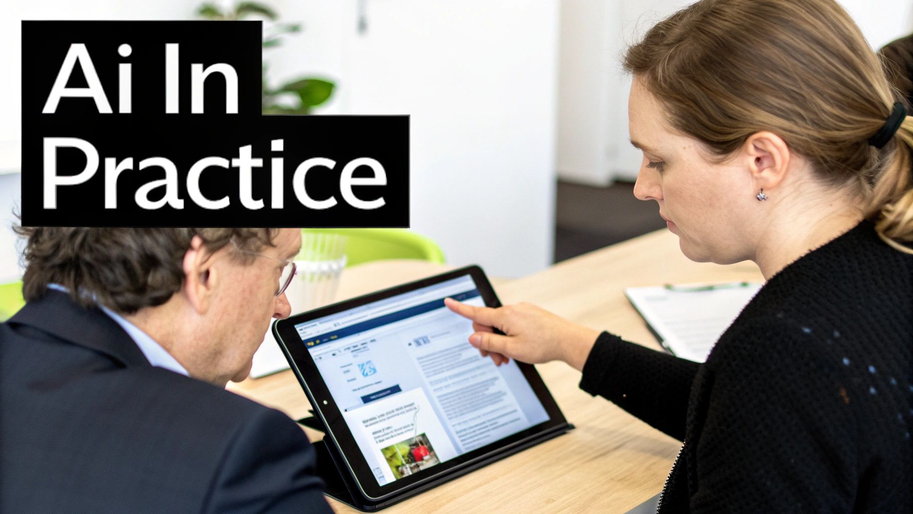 Two professionals reviewing content on a tablet, demonstrating AI concepts in a practical business setting.