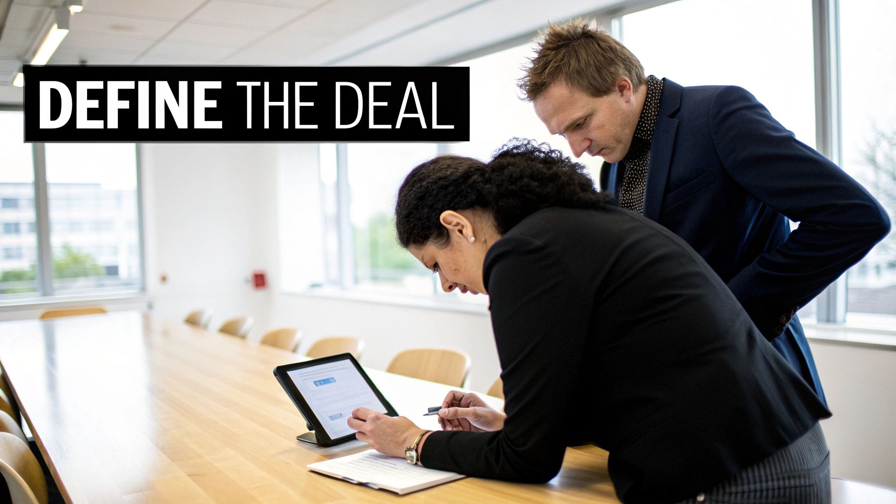Two business people in a modern conference room reviewing a contract on a tablet, defining the deal.