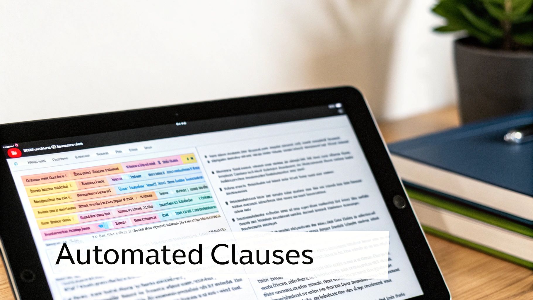A tablet displaying legal document automation software with the text 'Automated Clauses' on screen.