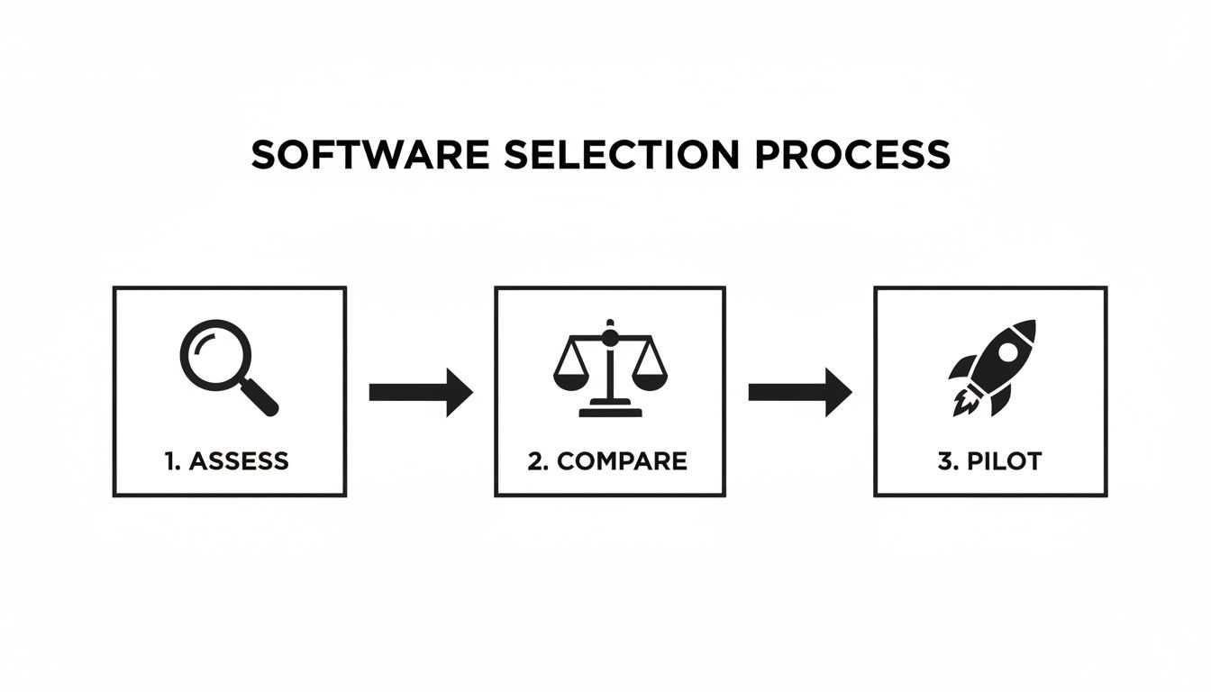 A diagram outlining a three-step software selection process: Assess, Compare, and Pilot, with icons.