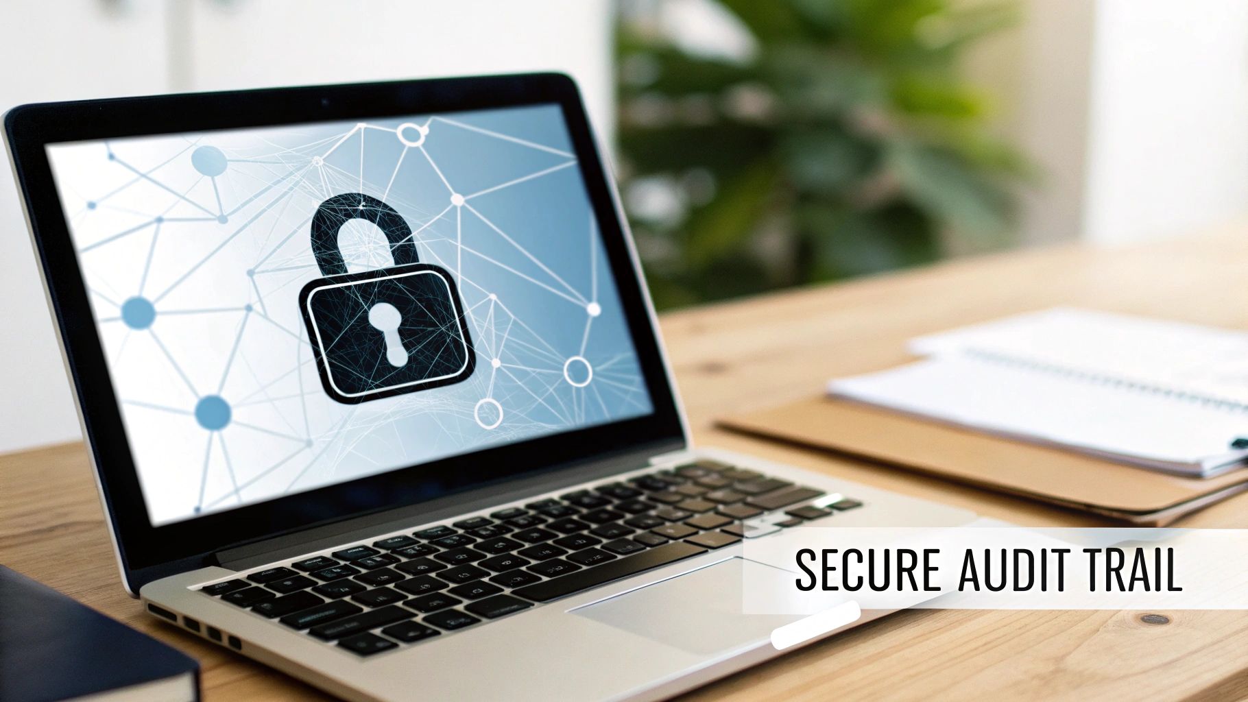 A laptop screen showing a security padlock icon and network lines, with 'SECURE AUDIT TRAIL' text.