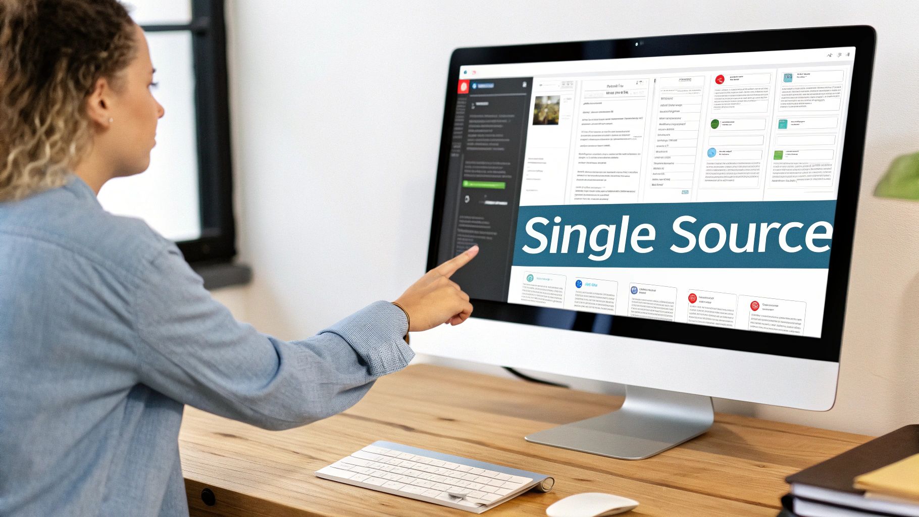 A woman points at a desktop computer screen displaying "Single Source" content management software.