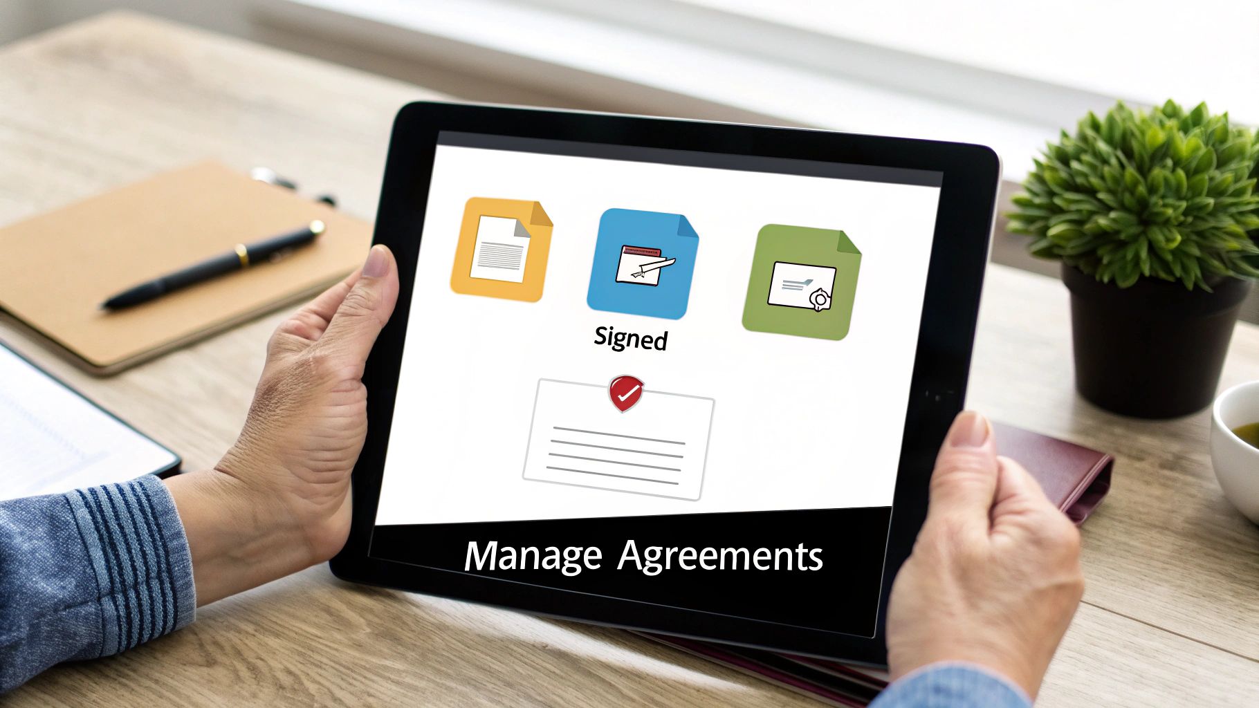 Person holding a tablet displaying icons for signed documents and managing agreements.