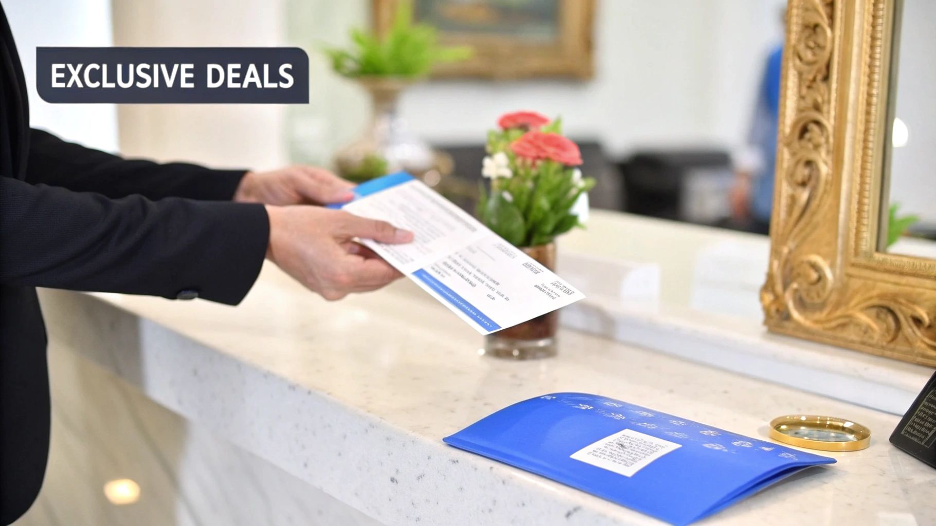 Person receiving travel documents from a service desk, with an 'EXCLUSIVE DEALS' sign visible.