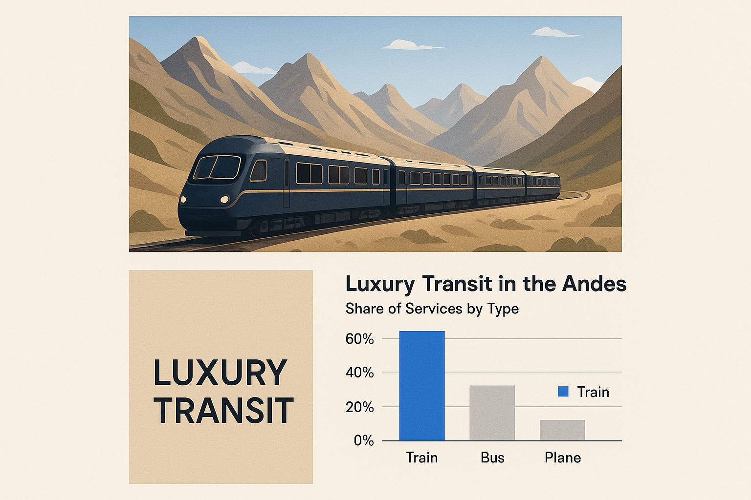 Infographic of a luxury train in the Andes with "Luxury Transit" text block