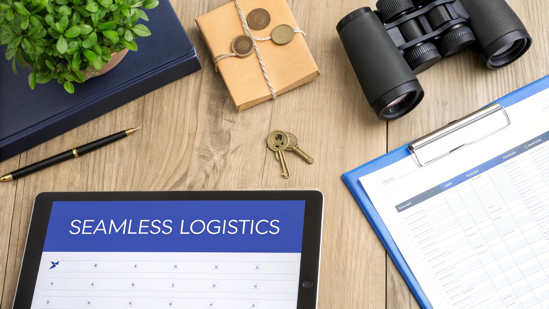 Overhead view of a wooden desk with a tablet showing 'Seamless Logistics', binoculars, and travel items.