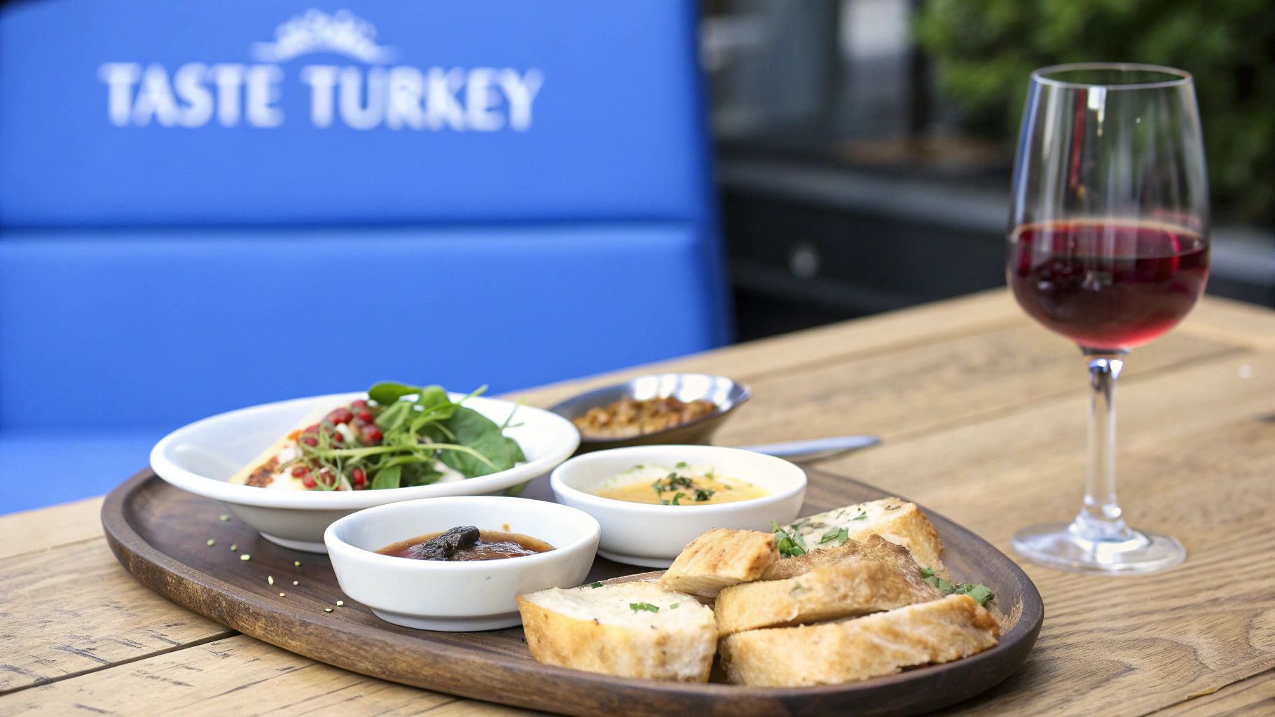 A delicious Turkish meal with dips, bread, a main dish, and red wine on a wooden table.
