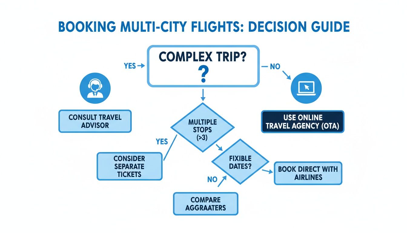 A decision guide flowchart for booking multi-city flights, advising on consultants, OTAs, and direct airline booking.