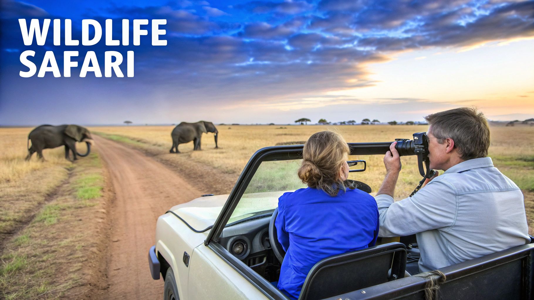 Wildlife safari adventure with a couple in a jeep photographing elephants in an African landscape.