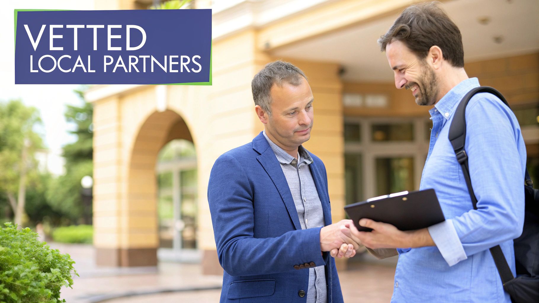Two men shaking hands outdoors, one holding a clipboard, with a 'Vetted Local Partners' sign.