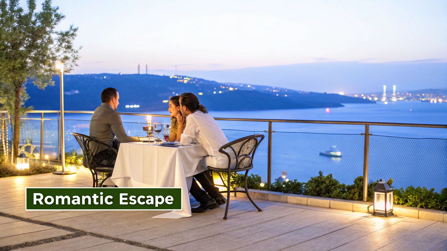 A couple enjoys a romantic dinner on an outdoor terrace overlooking a scenic bay with city lights at dusk.