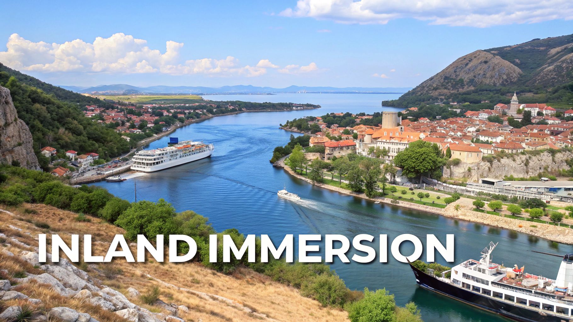 Aerial view of a European city on a river, showcasing how ships dock centrally.