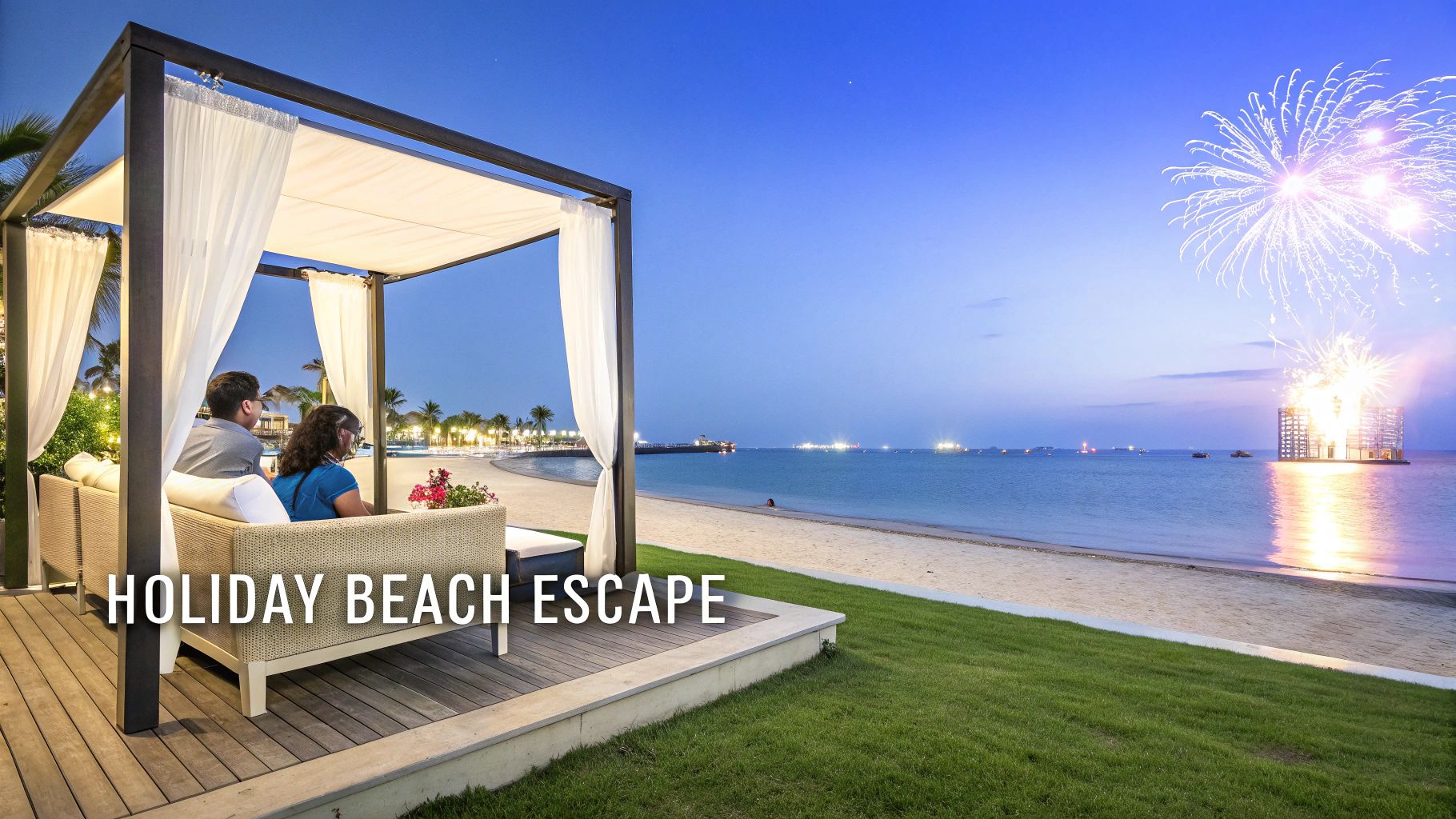 A couple watches vibrant fireworks over the ocean from a beach cabana at dusk, enjoying a holiday.