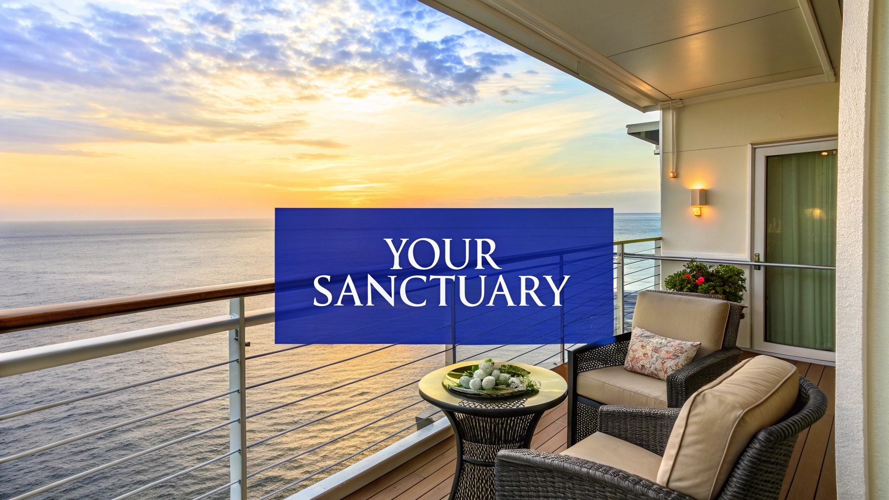A spacious and luxurious cruise ship cabin balcony with two chairs and a table overlooking a serene ocean at sunset.