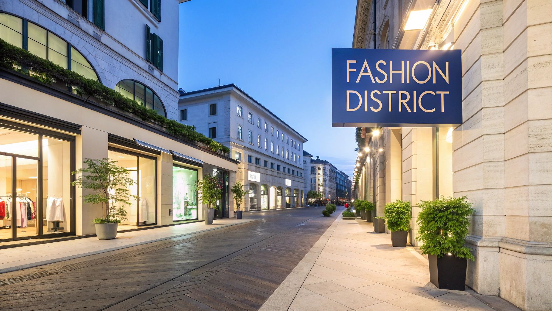 A stylish fashion district street with illuminated shop windows and historical buildings at dusk.