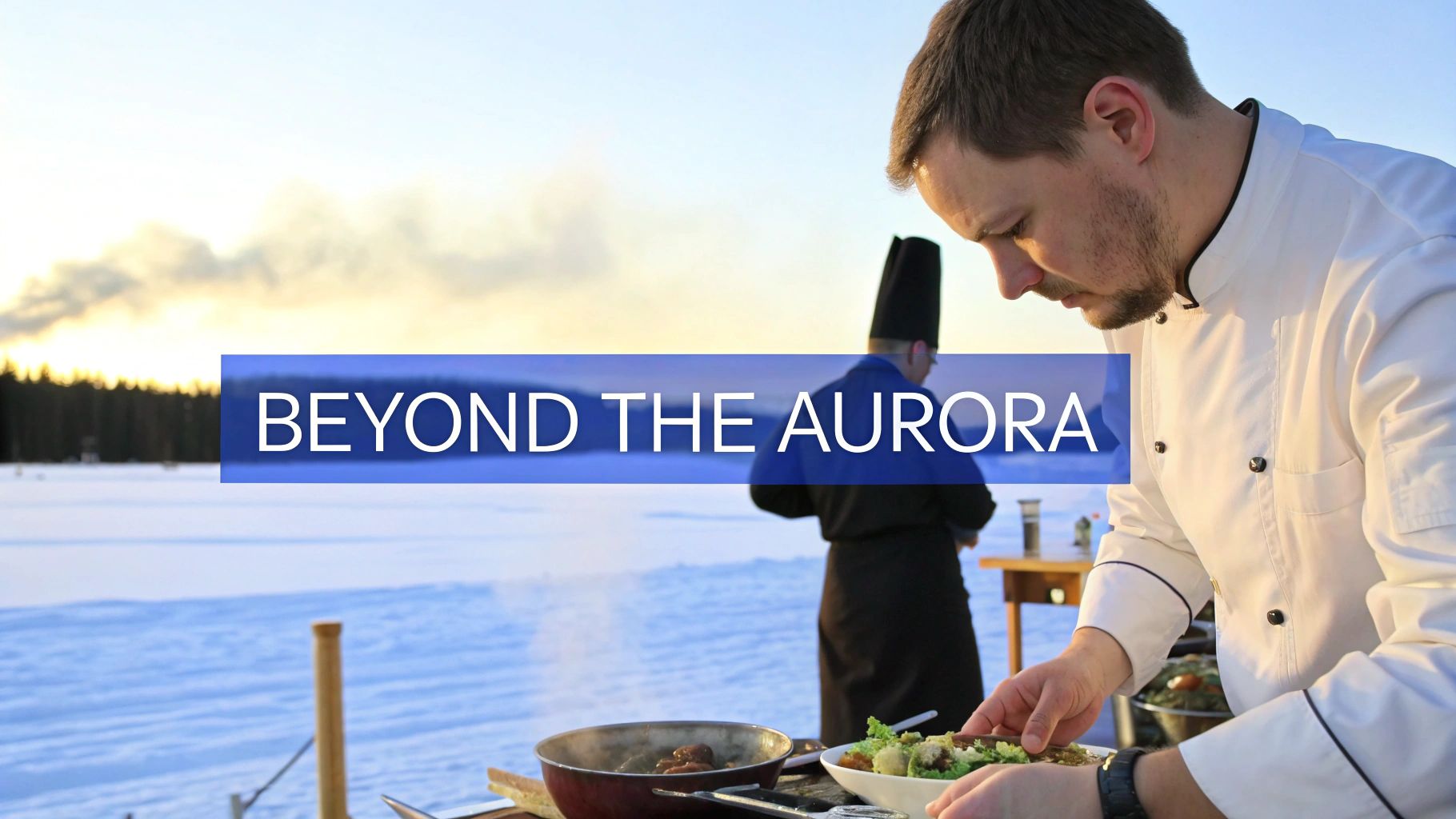 A chef prepares a fresh meal outdoors in a snowy winter landscape under a bright sky with a banner.