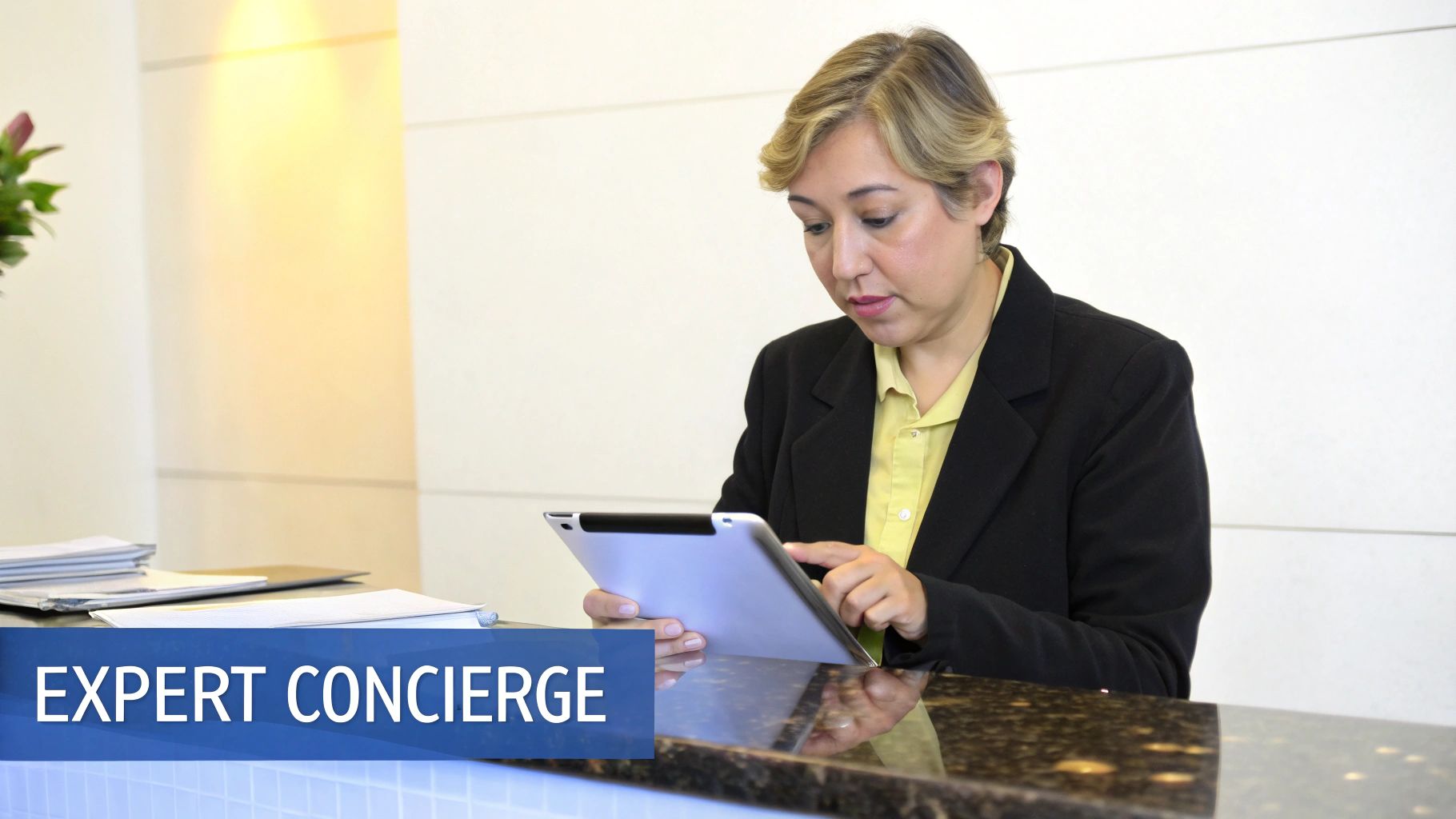 A travel advisor, Karrah Kazravan, smiling confidently while working on a laptop in a bright, modern office space.