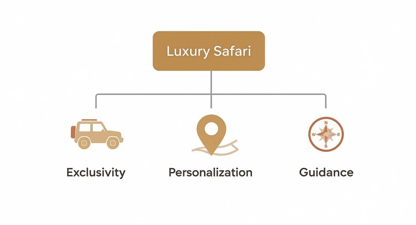 A diagram illustrating 'Luxury Safari' with three core features: Exclusivity (jeep), Personalization (map pin), and Guidance (compass).