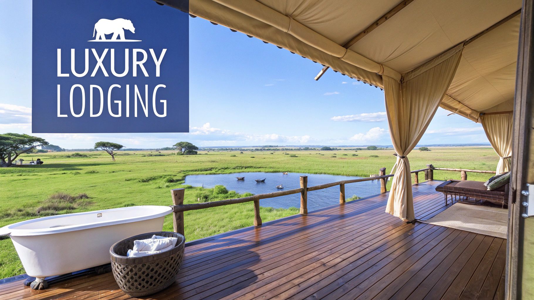 Luxurious safari tent with outdoor deck, bathtub, and stunning views of African grasslands and a watering hole.
