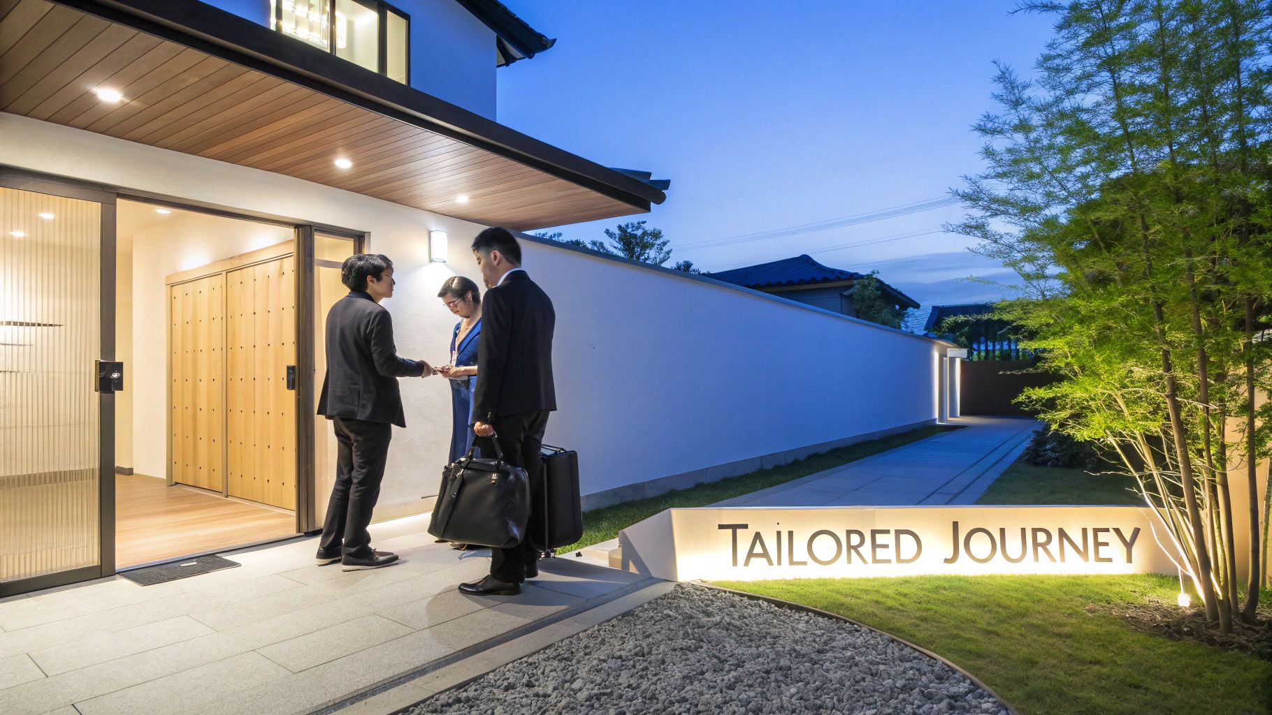 Guests and staff interact at the illuminated entrance of a luxury Japanese building with a 'TAILORED JOURNEY' sign at dusk.