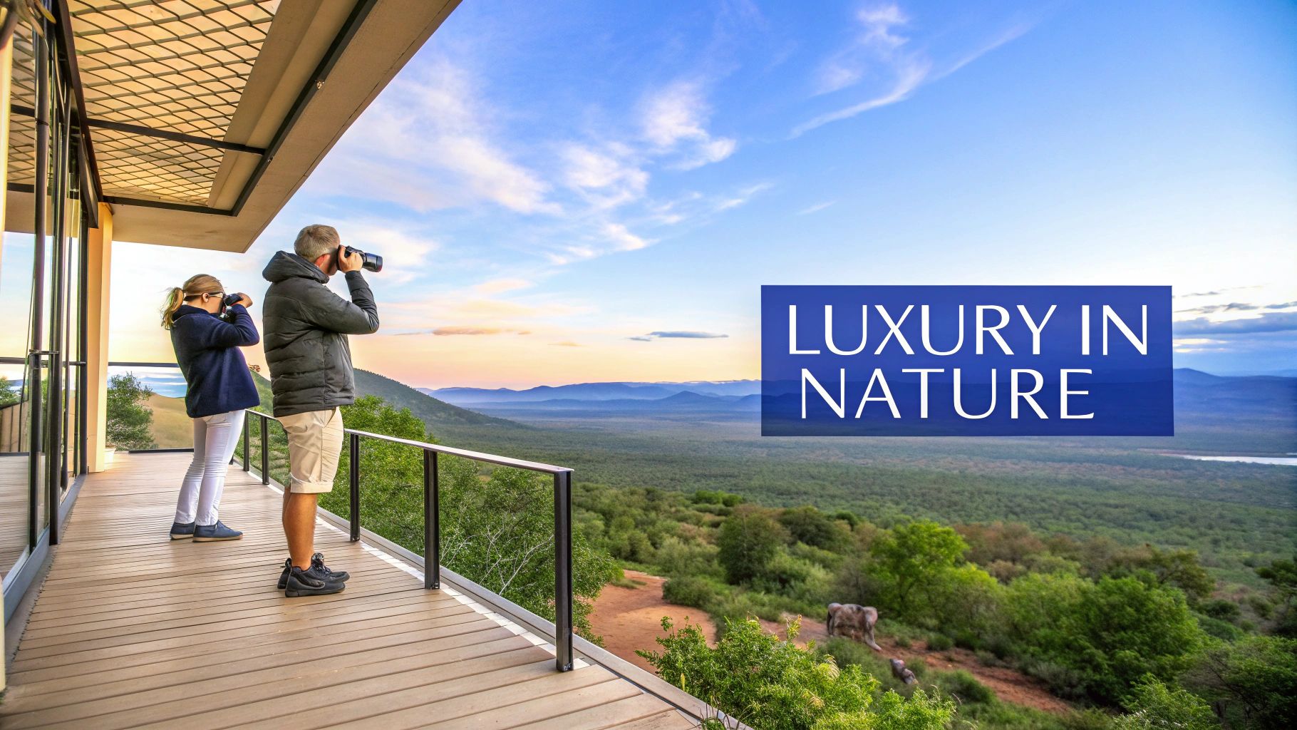 Two people on a luxury lodge balcony observe a vast national park landscape at sunset.