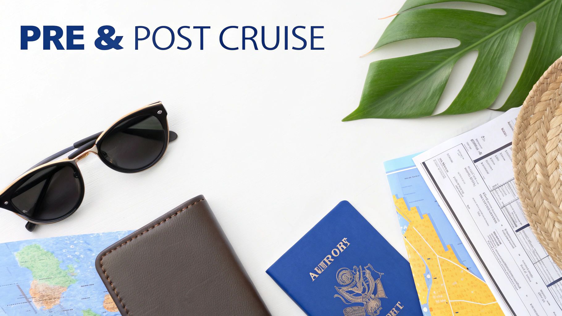 Travel essentials for a cruise, including sunglasses, passport, maps, and documents, with 'PRE & POST CRUISE' text.