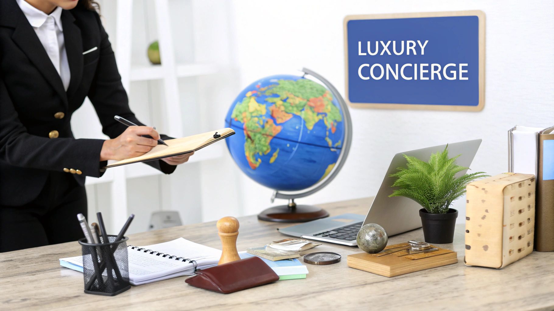 A luxury travel concierge assisting a client with a world map and tablet in a modern, well-lit office.