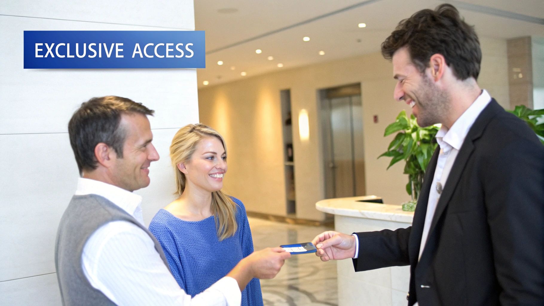 Lobby of a luxury hotel with a concierge desk and elegant decor.