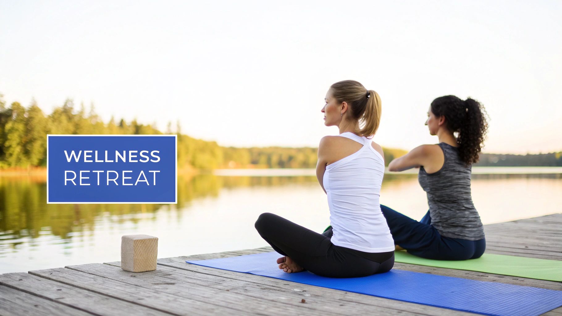 Two women practice yoga on a wooden dock by a serene lake during a wellness retreat.