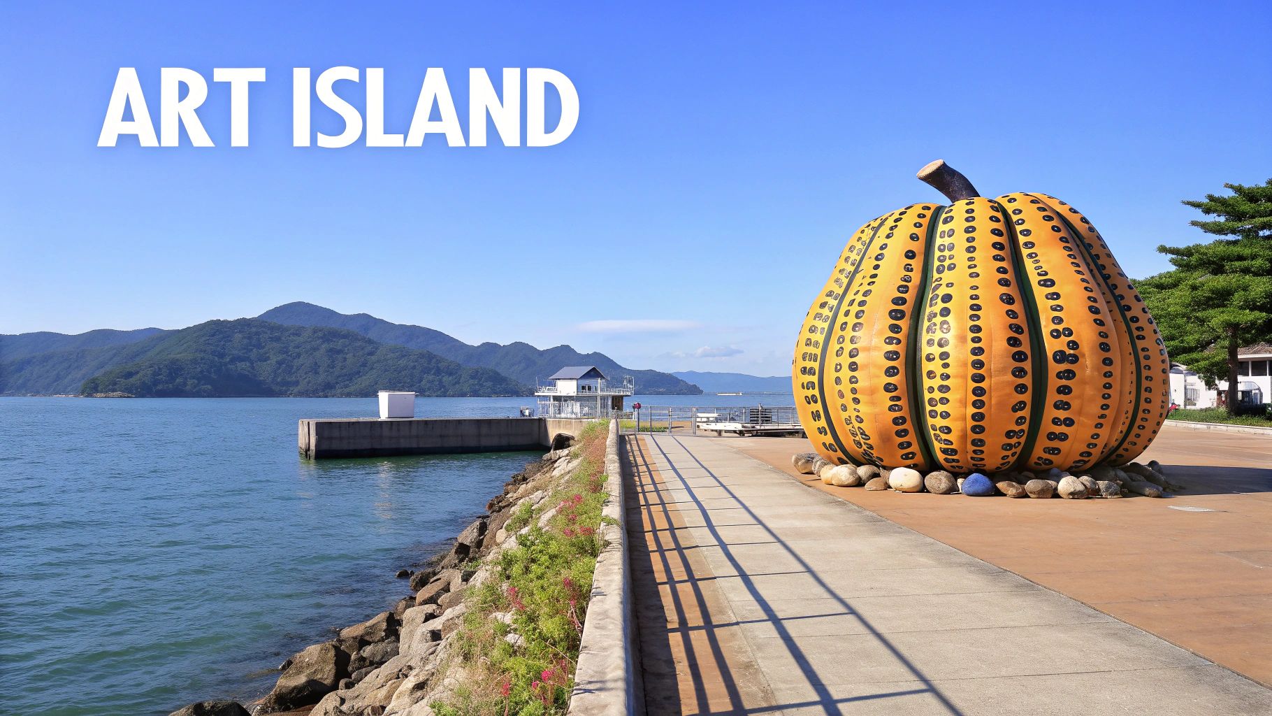 Giant yellow polka-dot pumpkin sculpture by Yayoi Kusama on a Japanese art island with ocean and mountains.