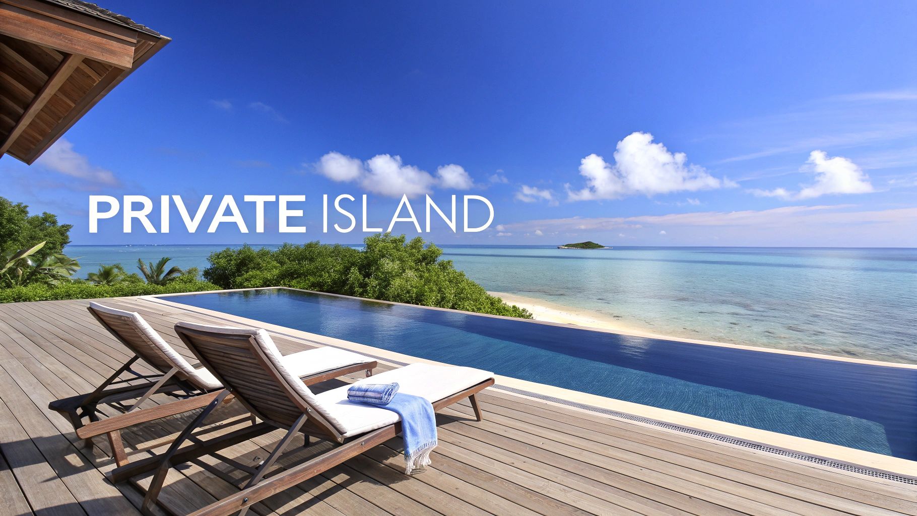 Luxury infinity pool with lounge chairs overlooking a clear blue ocean and a distant private island.