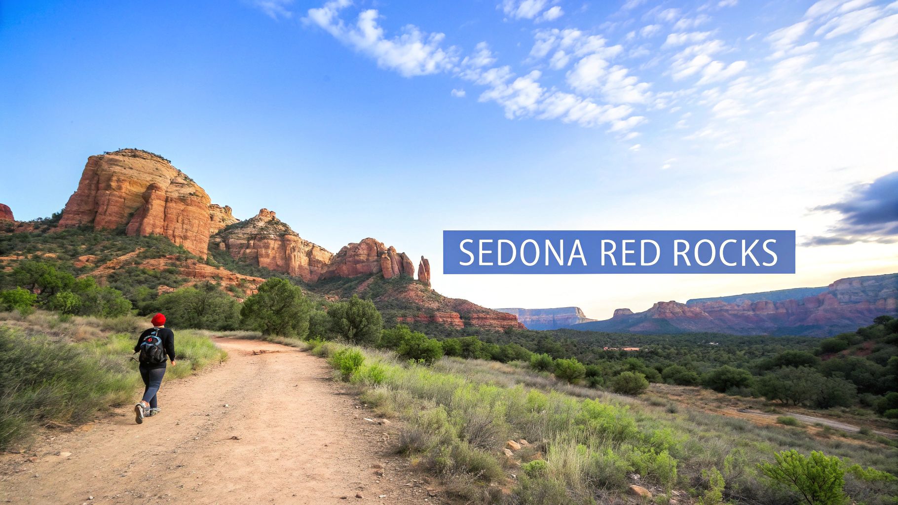 A person hikes on a dirt path towards majestic red rock mountains under a bright blue sky in Sedona, Arizona.