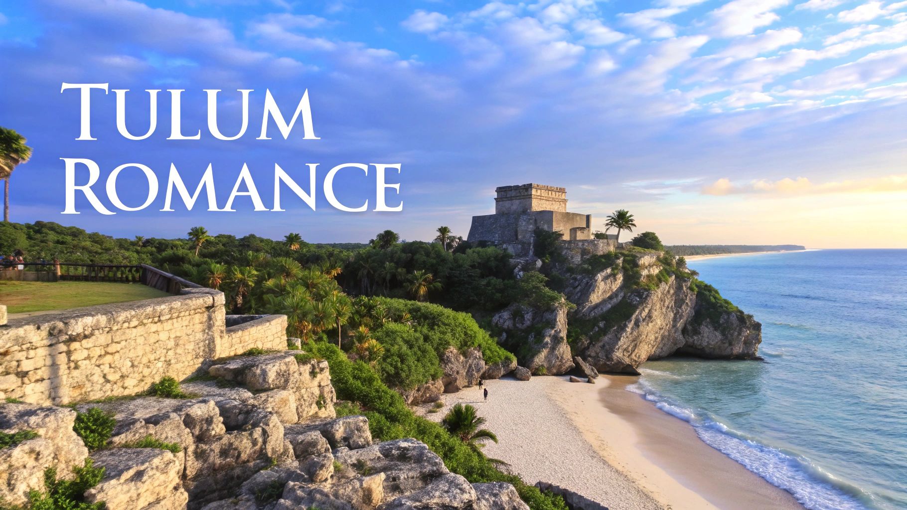 Ancient Mayan ruins of Tulum, Mexico, on a cliff overlooking a beautiful turquoise beach and ocean.