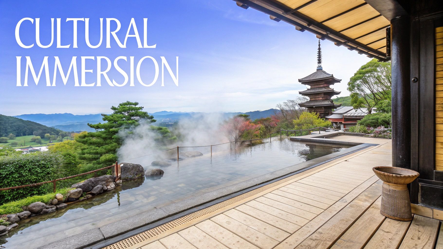 A serene Japanese landscape with a traditional pagoda, a steaming hot spring, and lush green mountains.