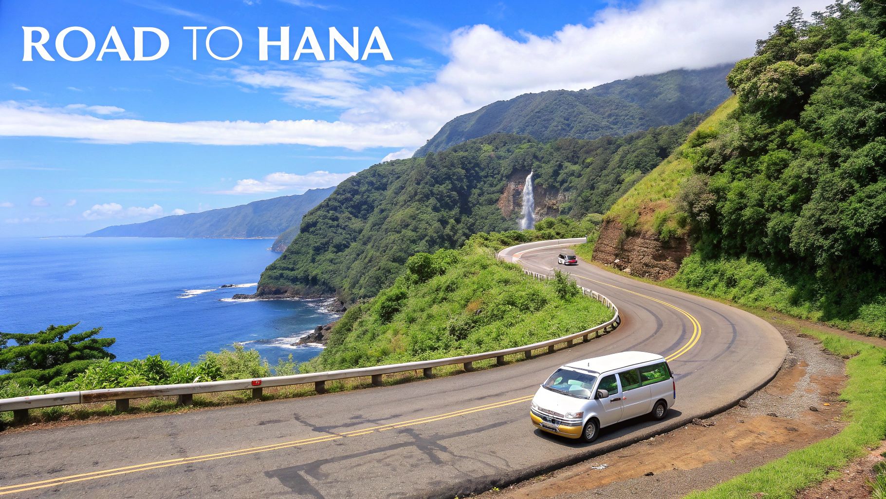 A scenic winding road along the Maui coast, with lush green mountains, a waterfall, and the blue ocean.