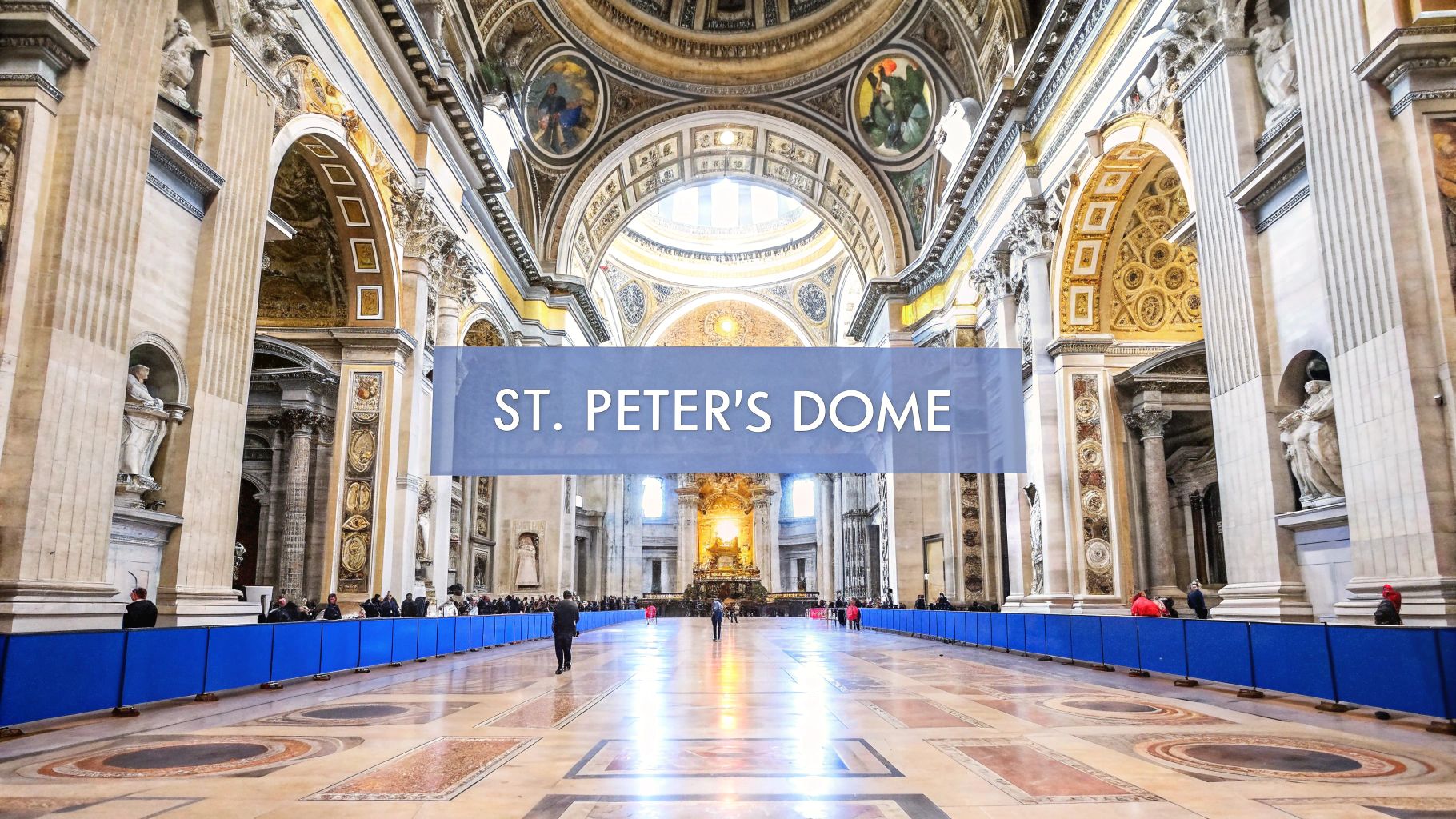 Interior of St. Peter's Basilica, Rome, showcasing its grand nave, ornate architecture, and distant dome, with people walking.