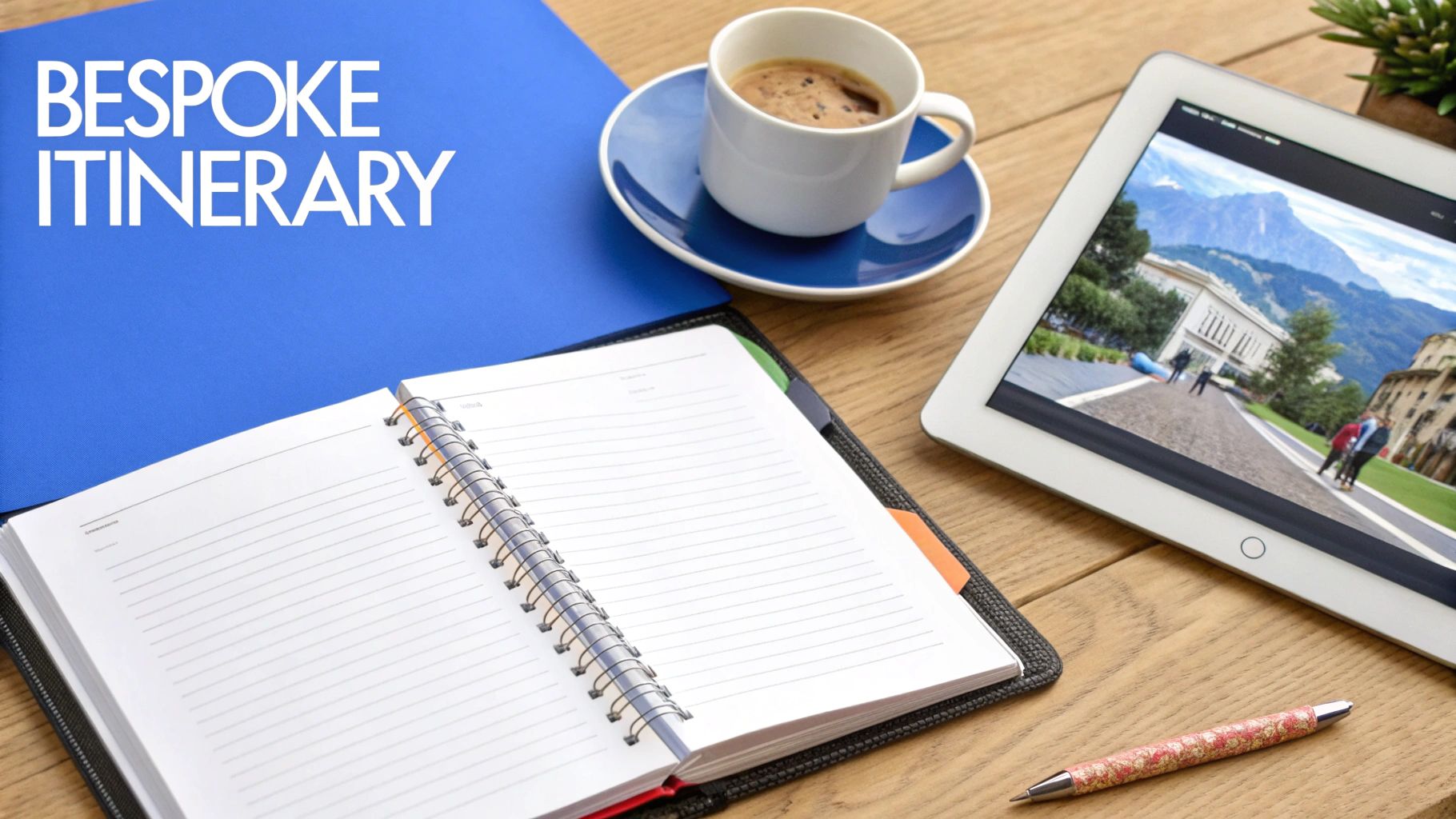 A travel journal open on a table with a map and compass, symbolizing itinerary planning.