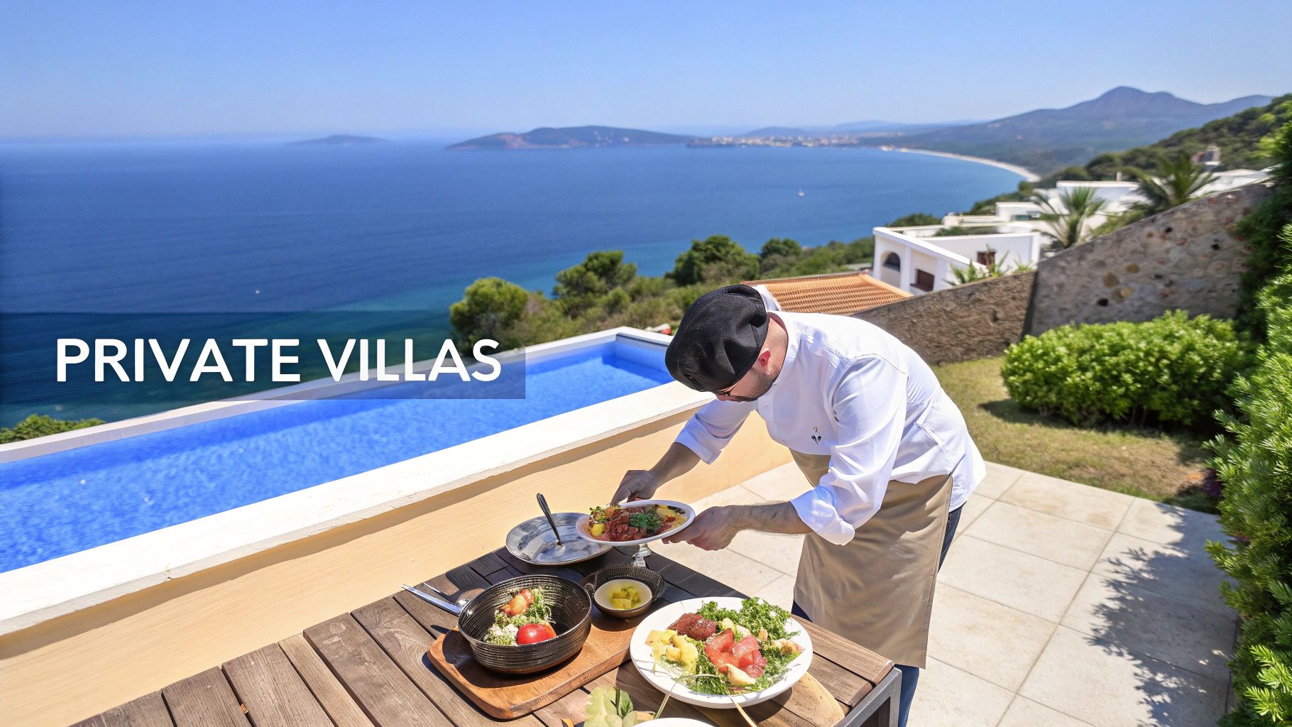 A luxurious private villa with an infinity pool overlooking the Aegean Sea at sunset.