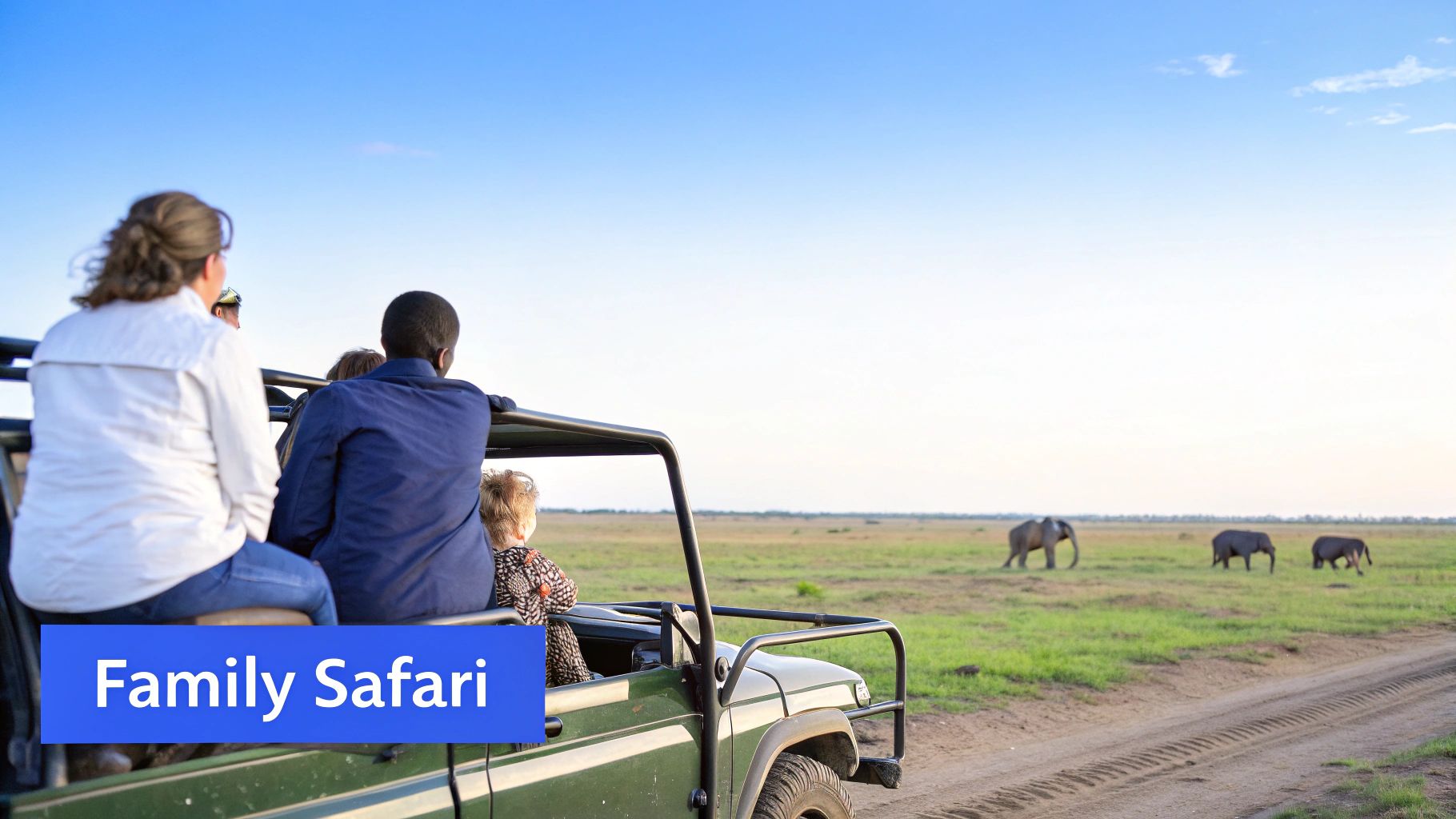 A family on a safari vehicle watches elephants grazing in a vast green field under a clear blue sky.