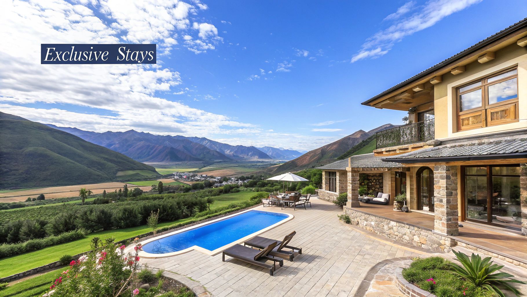 Stunning view of a luxury hotel in Peru, with elegant architecture set against a dramatic mountain landscape.